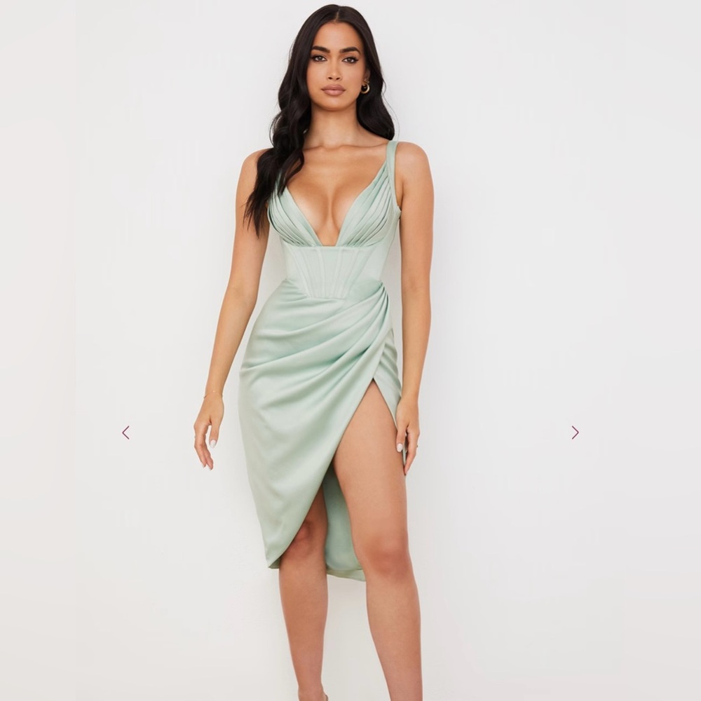 NWT HOUSE OF CB, FAYE Pistachio Satin Corset Midi Dress XS